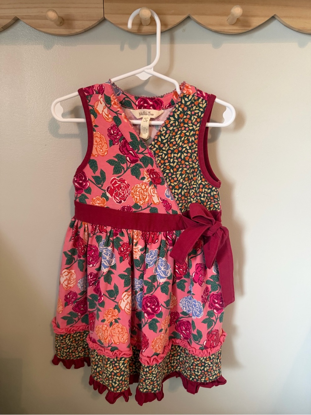Matilda Jane Girls 4 Pink Floral Fit & Flare Knee Dress Sleeveless Bow Ruffle